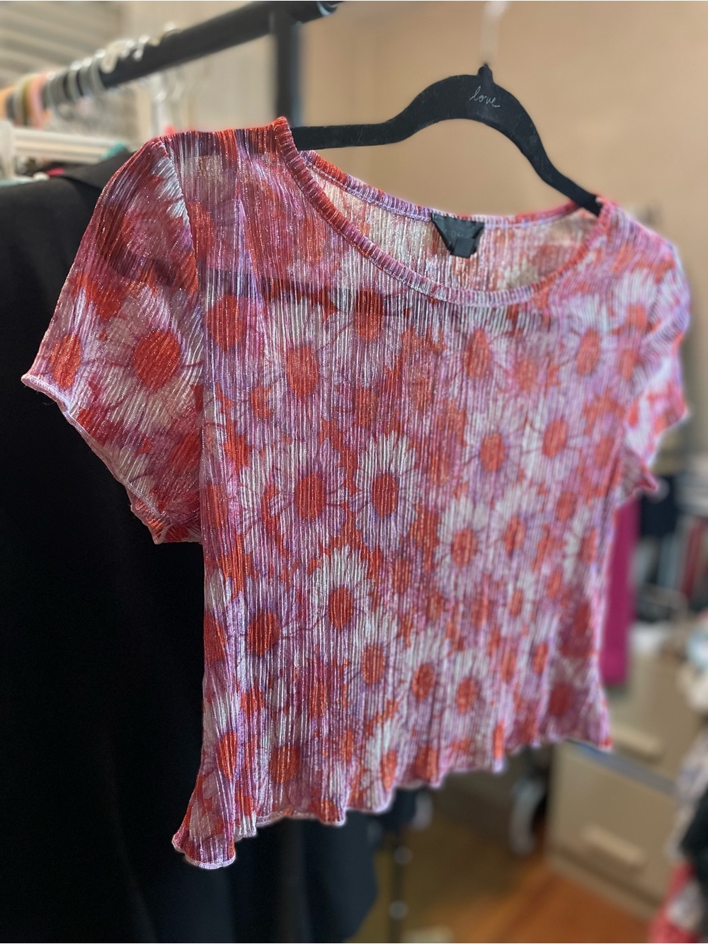 Topshop Pink and Red Floral Crinkle Crop Top